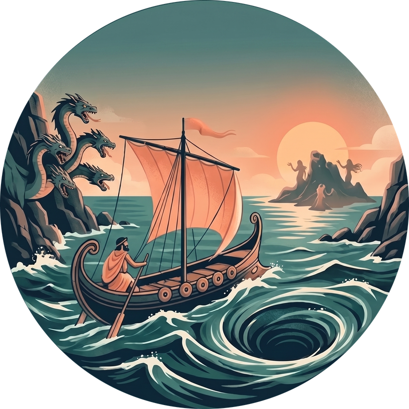 Illustration of Odysseus's ship passing between the many-headed Scylla and the whirlpool Charybdis on the wine-dark sea